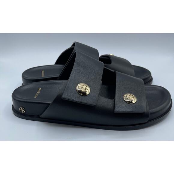 Anine Bing Ella Black Leather Slides with Gold Detail Size 6 - Picture 8 of 13